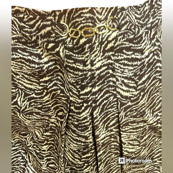 Ann Taylor Gold Chain Pleated Brown & Tan Print Superfine Wool Skirt EUC Size 14 - Picture 4 of 7